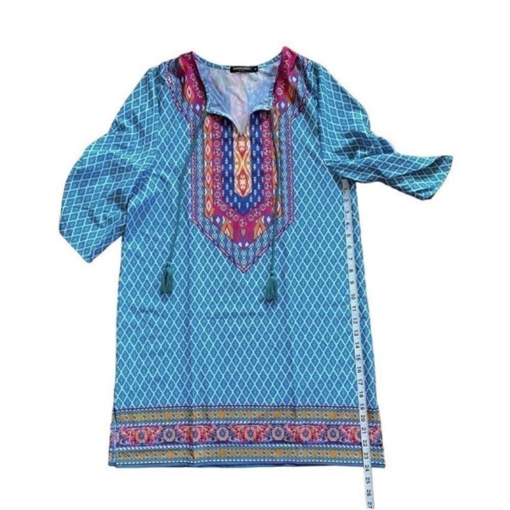 Urban Coco Blue Multicolor Ruche Sleeve Swim Coverup Dress with Tassels Medium - Picture 12 of 14